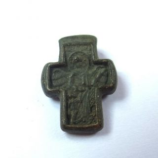 RUSSIAN ANCIENT ARTIFACT BRONZE SMALL CROSS WITH ARCHANGEL MICHAEL DOUBLE SIDES 5