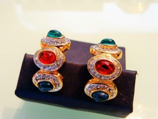 Vtg Christian Dior Gripoix Cabochon Emerald Ruby Sapphire Huggie Runway Earrings