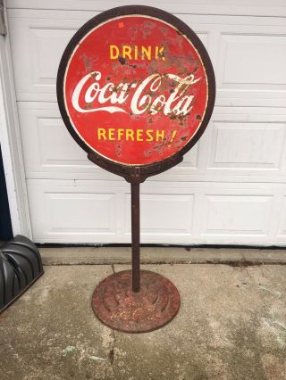 Rare 1938 Drink Coca Cola Soda 2 Sided Porcelain Art Deco Lollipop Sign Coke