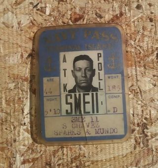 Wwii 1942 Terminal Island California Us Navy Pass Photo Id Pin Badge Rare