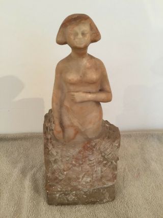 Vintage Mid Century Soap Stone Carved Woman Statue On Plinth Figurine