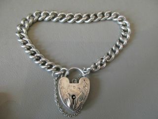 VINTAGE SILVER CHARM BRACELET ENGLISH STERLING HEART FANCY PADLOCK LARGE CHAIN 4