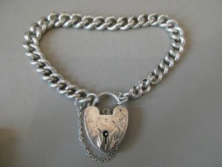 VINTAGE SILVER CHARM BRACELET ENGLISH STERLING HEART FANCY PADLOCK LARGE CHAIN 6