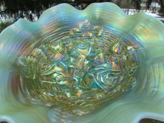 Northwood Rose Show Antique Carnival Art Glass Ruffled Bowl Aqua Opalescet