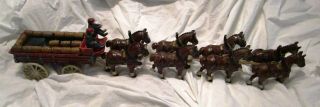 Vintage Cast Iron Clydesdale Horse Team Of 8 With Hitch And Beer Barrel Wagon