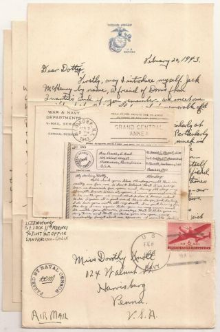 Wwii Letters,  1st Marine Division Kia.  Killed In Action On D - Day At Peleliu 1944