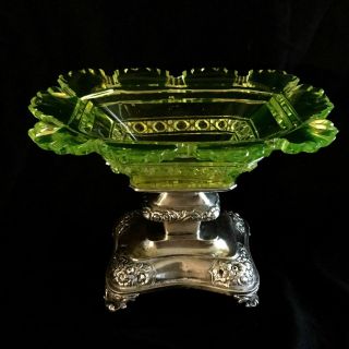 Antique 800 Silver Dutch Ot German Silver & Cut Glass Dish Green Color Glass.