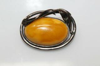 Pretty Vintage 925 Sterling Silver Butterscotch Egg Yolk Amber Brooch Pin N4