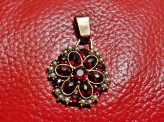 Imper.  Russian Faberge Design Pendant 56 Gold With Garnet Stones And Pearls