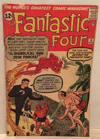Fantastic Four 6 Marvel Comic 1962 2nd Doctor Doom App.  Vintage Silver Age
