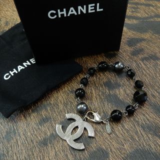 Chanel Gunmetal Silver Cc Logos Swing Charm Black Chain Bracelet 4598a Rise - On