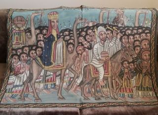 Antique Ethiopian Painting On Canvas The Visit Of Queen Of Sheba To King Solomon