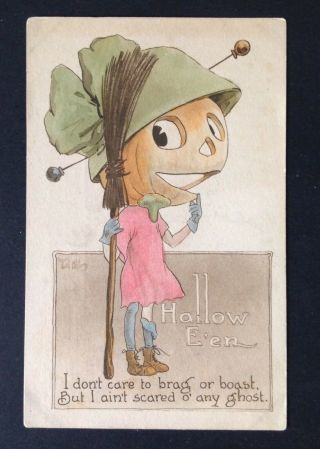 Vintage Bernard Wall Halloween Postcard Jol Lady,  Hat,  Broom - So Cute