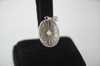 Vintage Antique 14k White Gold Camphor Glass Diamond Filigree Pendant