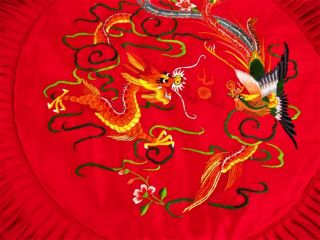 Vintage Chinese Round Red Silk Pillow Cover Dragon Embroidery And Peasant 17 "