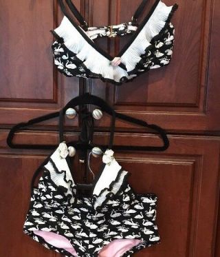 Vintage Betsey Johnson Swimsuit Swan Lake Pink Rose Ruffle Bikini 3 Set Sz.  M