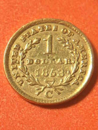 Rare 1853 C Charlotte Nc United States $1 Dollar Gold Coin