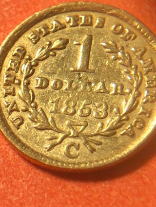 RARE 1853 C Charlotte NC United States $1 Dollar Gold Coin 2