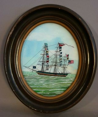 19thc Style American Sloop Antique Clipper Ship Old Seascape Painting On Glass