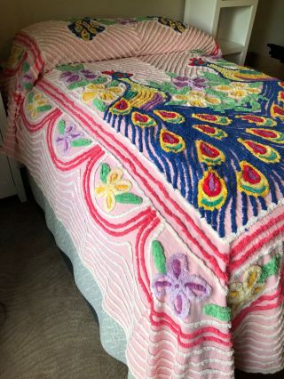 Vintage Chenille Peacock Bedspread.  Full Size Vibrant Color