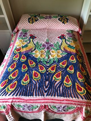 vintage chenille peacock bedspread.  Full size vibrant color 2