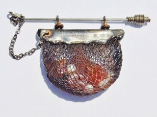 Antique Sterling Silver Chatelaine Pin Brooch Purse Fishing Net Unknown Maker Nh