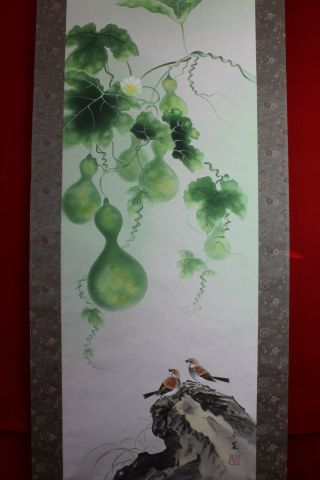 Japanese Hanging Scroll Handpainted On Silk " Gourds And Birds " Signed Senri 千里
