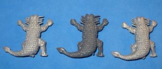 3 VINTAGE PLASTIC GRAY RED EYES/NOSTRILS MONSTER DRAGON FIGURES HONG KONG 2