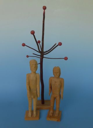 Rare Vintage Early Primitive Mexican Wood Carved Adam & Eve & Apple Tree