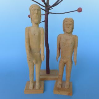 Rare vintage early primitive Mexican wood carved Adam & Eve & apple tree 2
