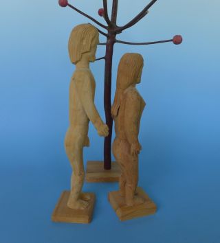 Rare vintage early primitive Mexican wood carved Adam & Eve & apple tree 3