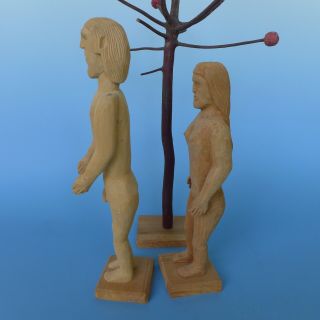 Rare vintage early primitive Mexican wood carved Adam & Eve & apple tree 4