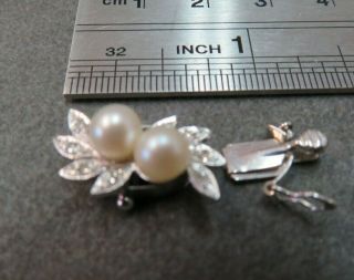 Vtg 14k Solid W.  Gold Diamond Pearl Clasp For Single Strand Bracelet Necklace