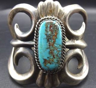 Signed Vintage Navajo Heavy Sand Cast Sterling Silver Turquoise Cuff Bracelet