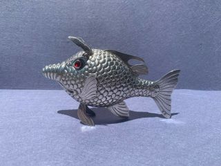 Very Rare Spanish Sterling Silver 925 Fish,  Pigfish With Red Glass Eyes