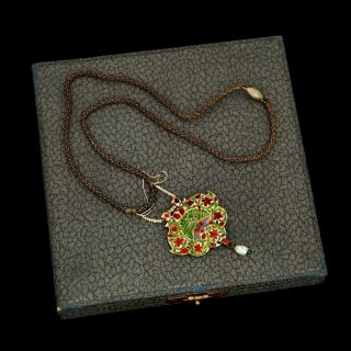Antique Vintage Nouveau 18k Gold Mughal Colombian Emerald Pearl Enamel Necklace