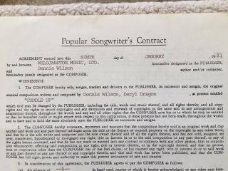 Dennis Wilson - Rare Signed " Cuddle Up " Songwriting Contracts 1973