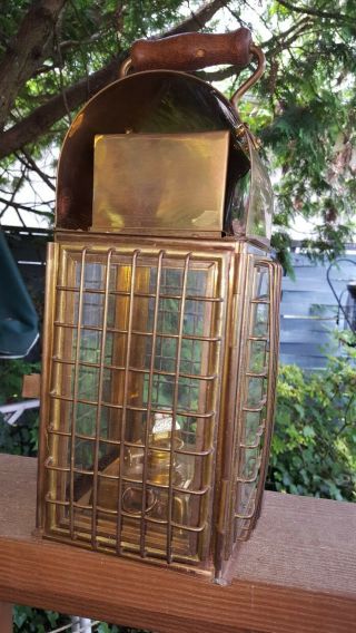 Vintage Wedge Nautical Brass Ship Lantern Oil Lamp W/wood Handle 15 " By 6.  5 "