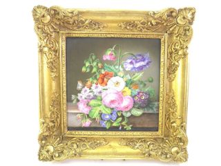 Antique 19th Century Painting On Porcelain Plaque Still Life Flowers On A Ledge