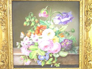 Antique 19th century painting on porcelain plaque still life flowers on a ledge 3