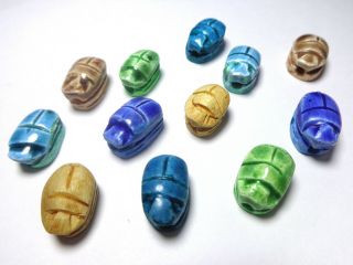 12 Egyptian Faience Scarab Carved Hieroglyph Beads Xxs Lux Pendant Stone (205)