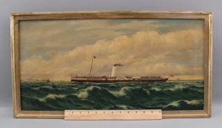 19thc Antique Signed Sidewheeler Steamship Folk Art Seascape Oil Painting,  Nr