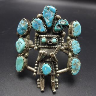 Gorgeous Vintage Navajo Sterling Silver Natural Turquoise Kachina Cuff Bracelet
