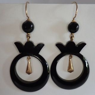 Antique Victorian 14k Gold Black Onyx Dangle Mourning Earrings