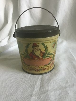 Antique Merry Christmas Santa Happy Year.  Candy Tin Litho Lunch Box Pail Can