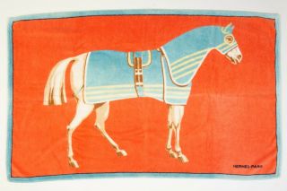 Vintage Hermes Of Paris Beach Towel: Horse W/ Blue Quarter Sheet On Red 57 " X34 "