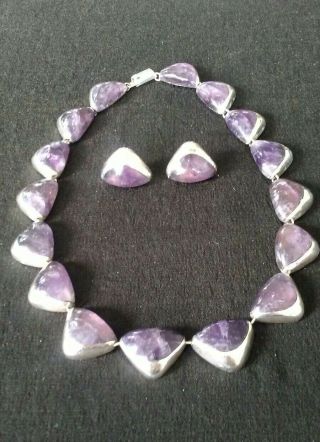 Vintage Sterling And Cabochon Amethyst Necklace And Earring Set From Mexico