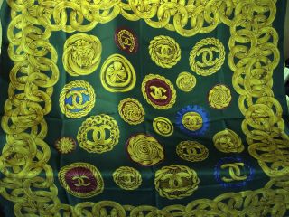 Authentic Vintage Chanel Paris Green & Gold Chain Silk Scarf 37 " 95cm