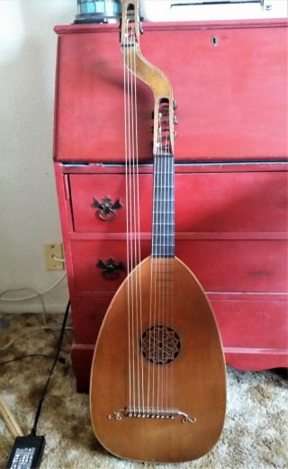 Antique Circa 1920s German 10 - String Lute - Backed Harp Guitar