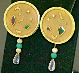 Rit Vintage Heavy 18k Gold 6.  26ctw Diamond Tourmaline Emerald Disc Hook Earrings